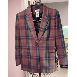 VINTAGE White Stag Womens Plaid Blazer Jacket Wool Blend Single Button Size 14